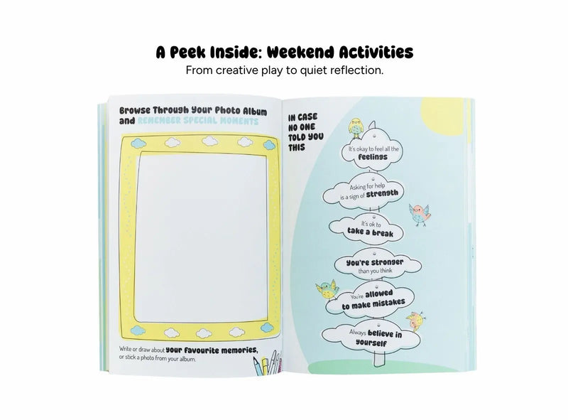 Page from a book or magazine showing a layout for weekend activities with text and illustrations.