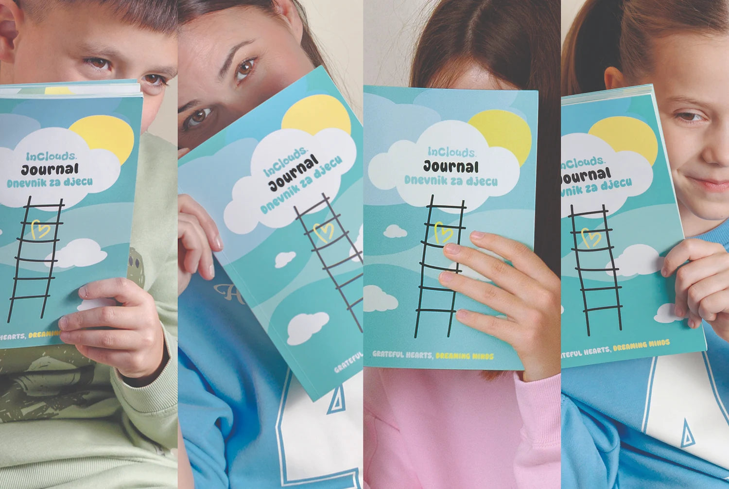 Kolaž četiriju fotografija majke i djece koji s osmijehom drže InClouds Journal - dnevnik za djecu ispred lica. Slika prikazuje radost i inkluzivnost, naglašavajući dnevnik kao alat za sretnije djetinjstvo i razvoj emocionalne inteligencije.